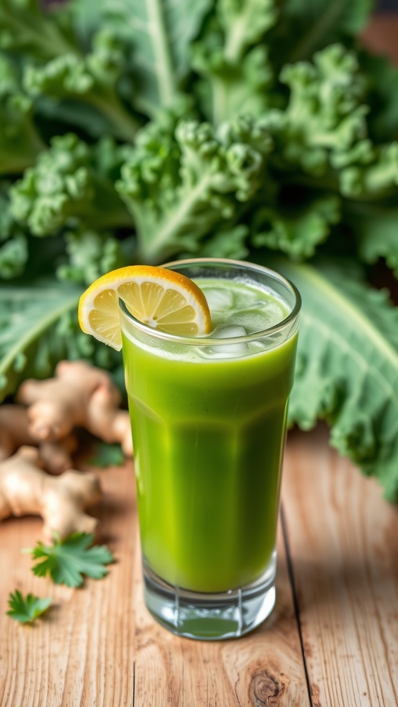 A glass of kale herbal drink garnished with lemon, surrounded by fresh kale and ginger.